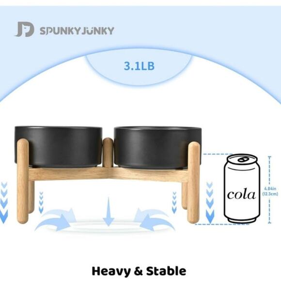6853 Spunky Junky Raised pet food and water dishes. NEW Black with wood stand - Picture 2 of 7